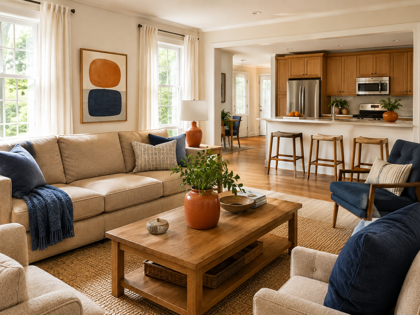A calm living room and kitchen designed for community and comfort